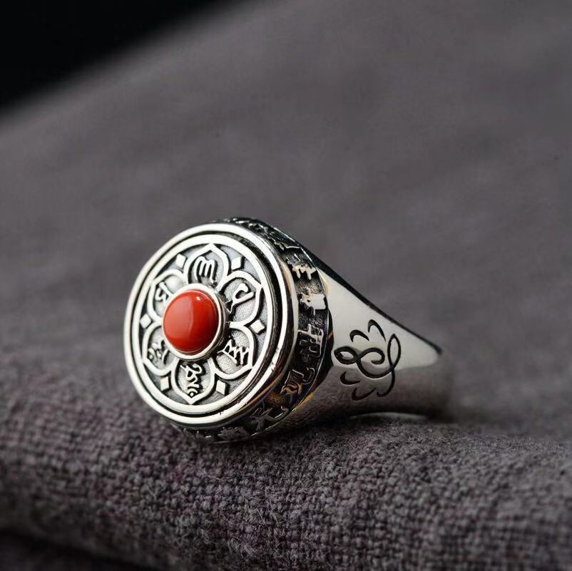 Lotus Six-Word Mantra Silver Ring