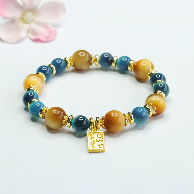 Golden Tiger Eye Misty Blue Agate Bead Bracelet