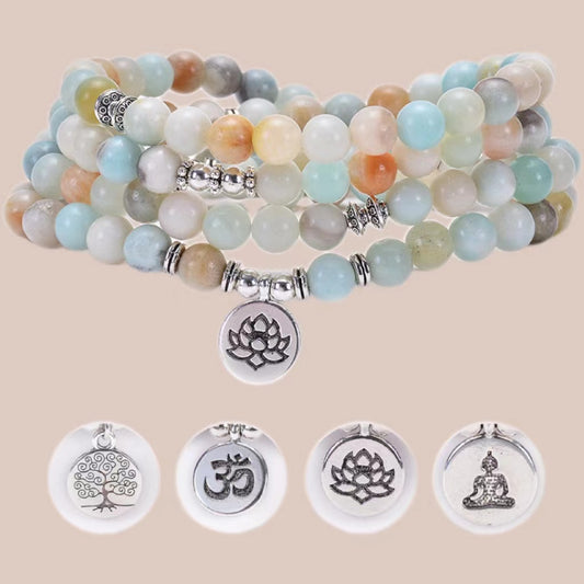 108 Amazonite Bead Bracelet with Spiritual Pendants