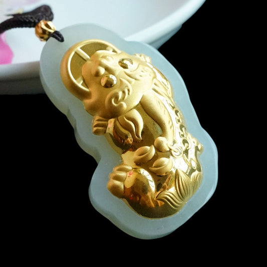 Gold-Inlaid Pixiu Natural Hetian Jade Pendant