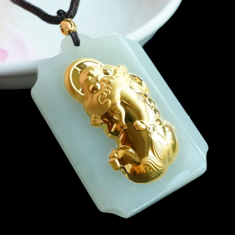 Gold-Inlaid Pixiu Natural Hetian Jade Pendant