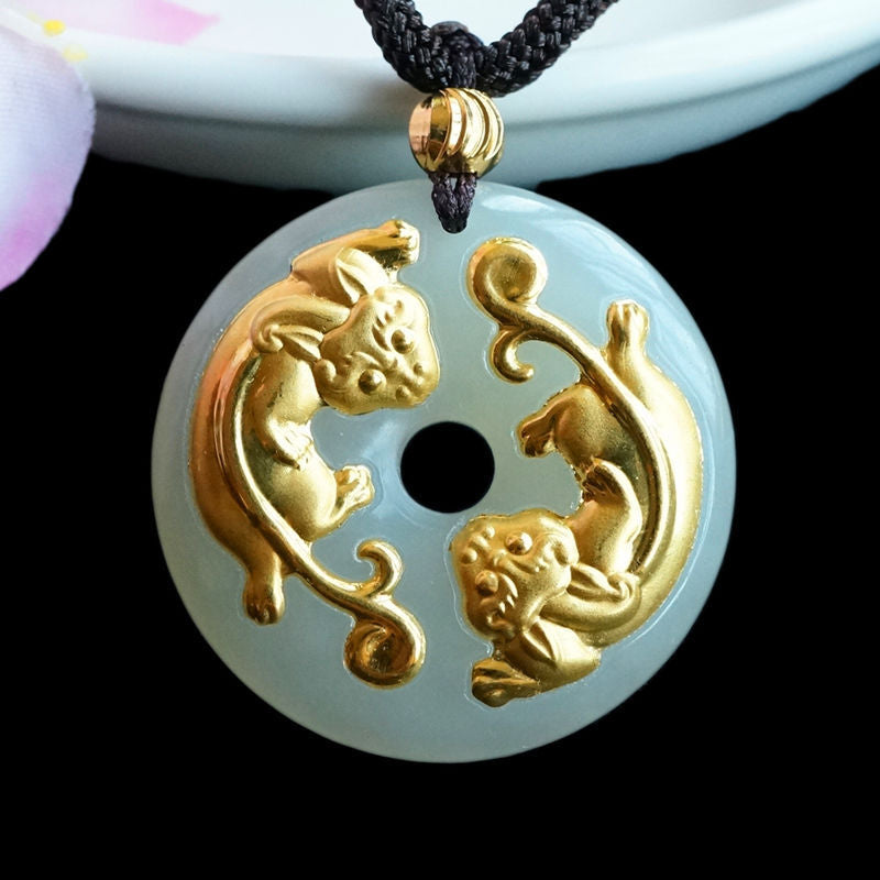 Gold-Inlaid Pixiu Natural Hetian Jade Pendant