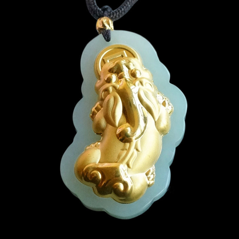 Gold-Inlaid Pixiu Natural Hetian Jade Pendant