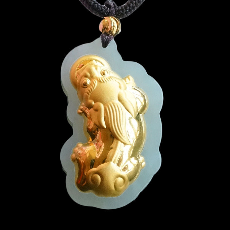 Gold-Inlaid Pixiu Natural Hetian Jade Pendant