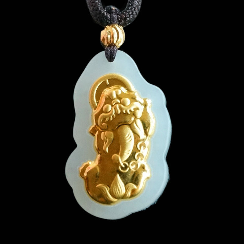 Gold-Inlaid Pixiu Natural Hetian Jade Pendant