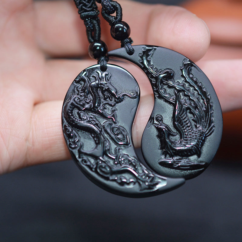 Natural Obsidian Dragon & Phoenix Pendant