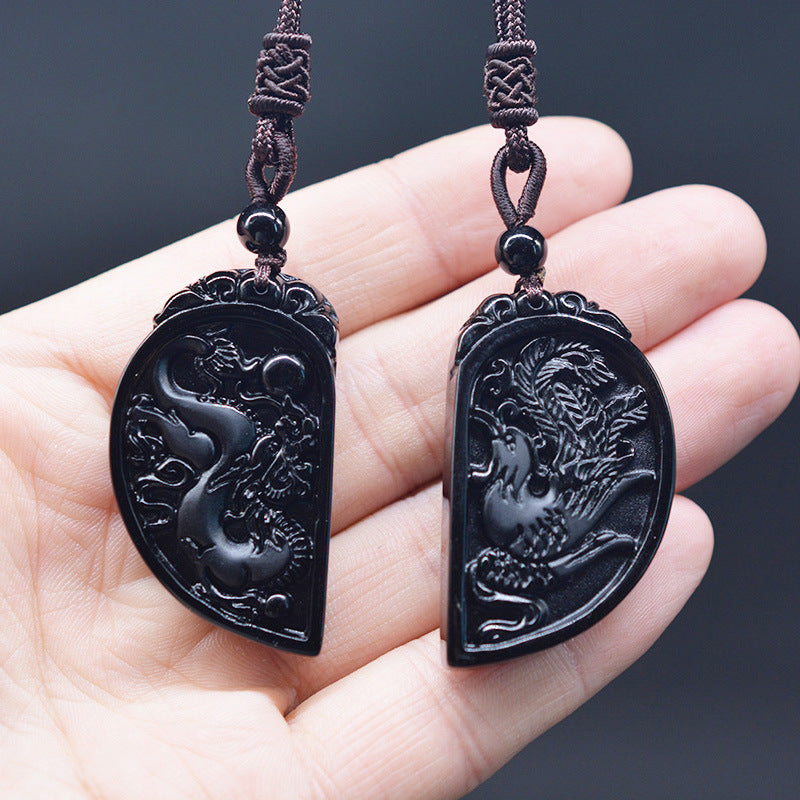 Natural Obsidian Dragon & Phoenix Pendant