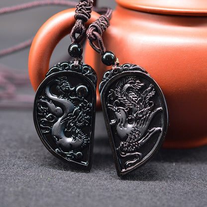 Natural Obsidian Dragon & Phoenix Pendant