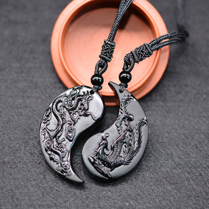 Natural Obsidian Dragon & Phoenix Pendant