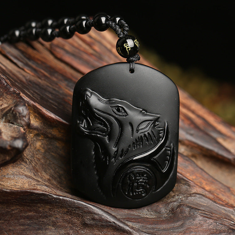 Natural Obsidian Wolf Totem Pendant