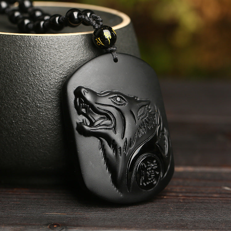 Natural Obsidian Wolf Totem Pendant