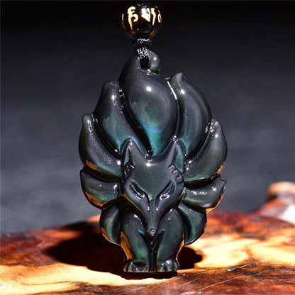 Natural Obsidian Nine-Tailed Fox Pendant