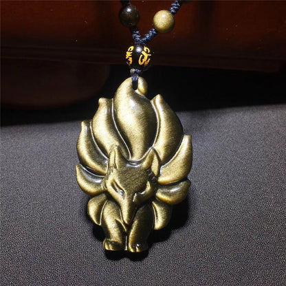 Natural Obsidian Nine-Tailed Fox Pendant