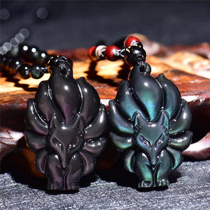 Natural Obsidian Nine-Tailed Fox Pendant