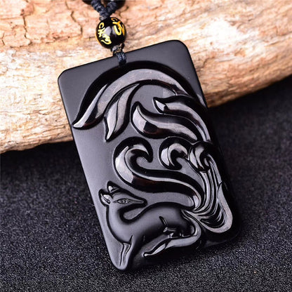 Natural Obsidian Nine-Tailed Fox Pendant