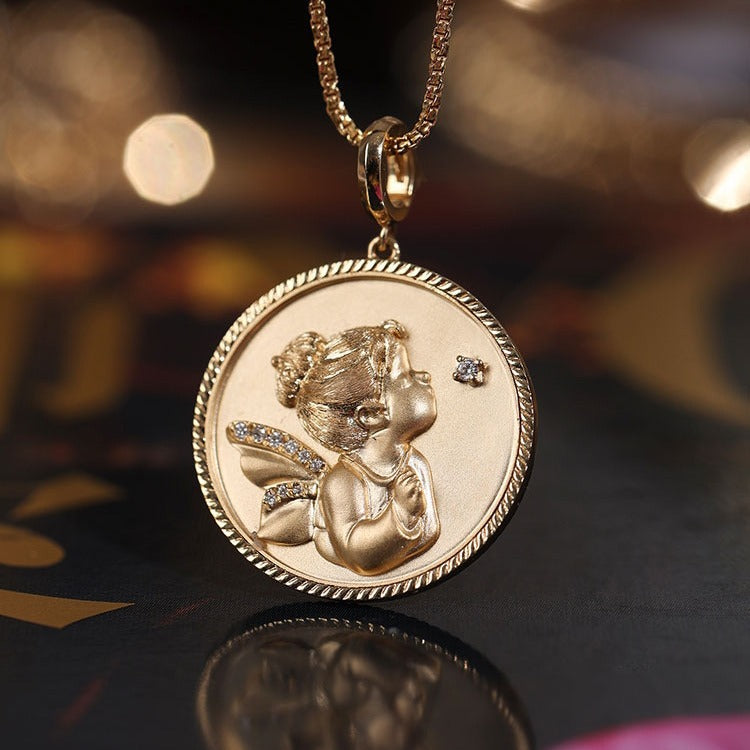 Angel Guard Silver K Gold Plated Lucky Coin Pendant Bracelet Set