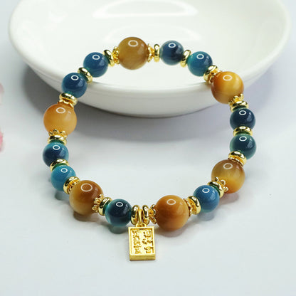 Golden Tiger Eye Misty Blue Agate Bead Bracelet