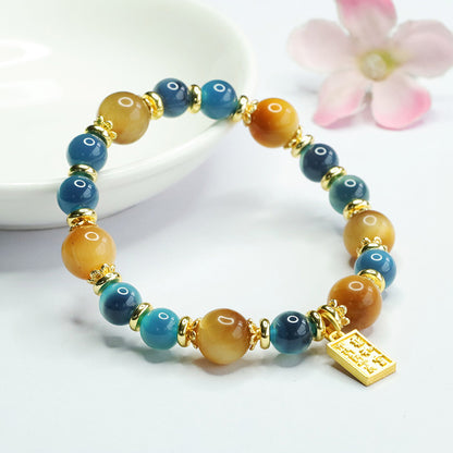 Golden Tiger Eye Misty Blue Agate Bead Bracelet