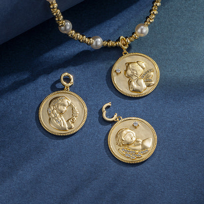 Angel Guard Silver K Gold Plated Lucky Coin Pendant Bracelet Set