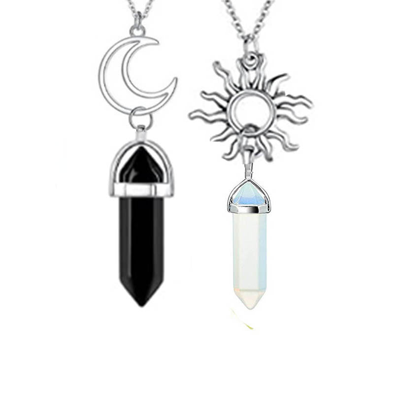 Sun Moon Hex Column Crystal Couple Necklace