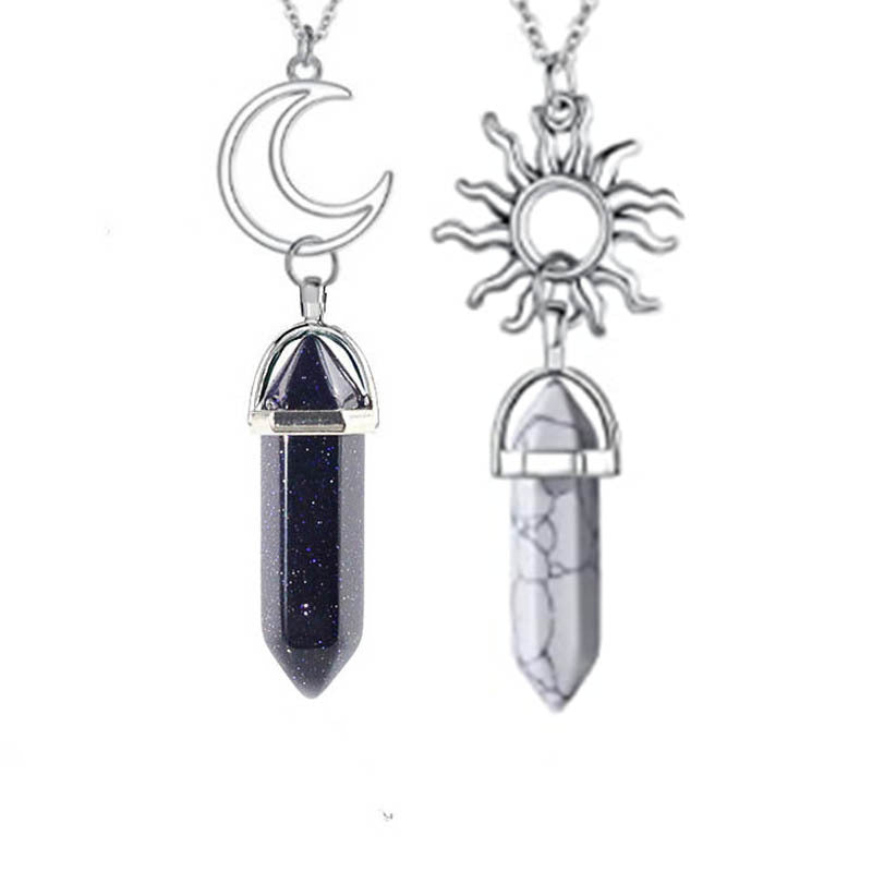 Sun Moon Hex Column Crystal Couple Necklace