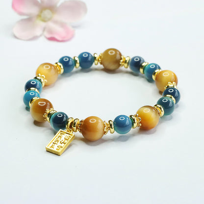 Golden Tiger Eye Misty Blue Agate Bead Bracelet