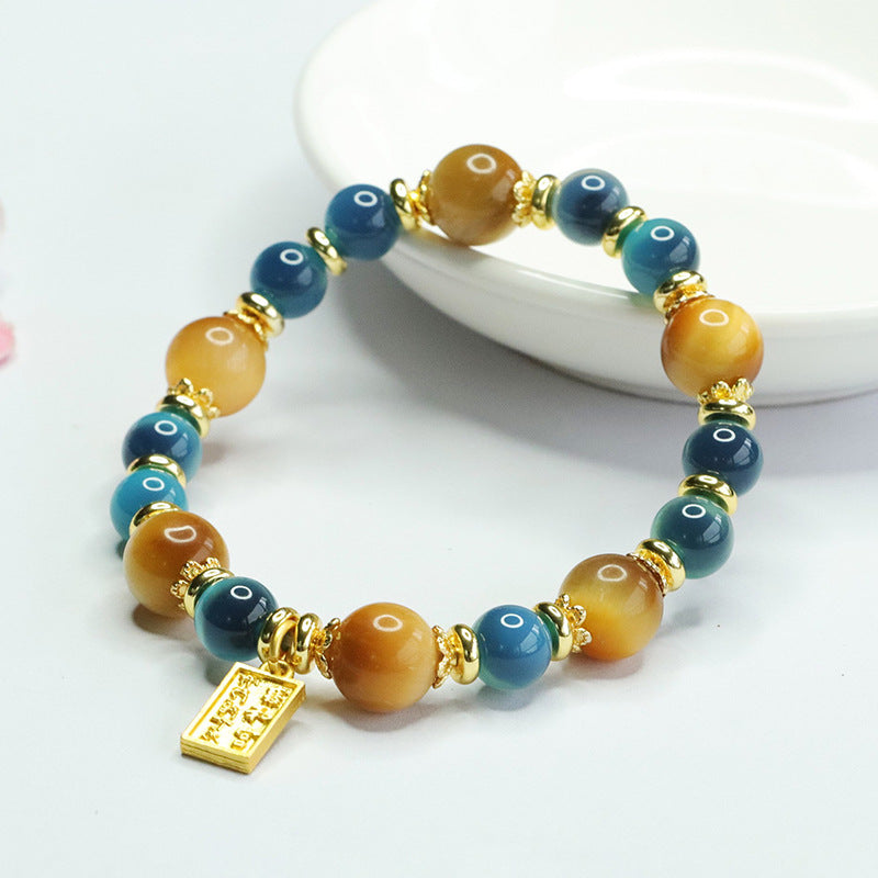 Golden Tiger Eye Misty Blue Agate Bead Bracelet