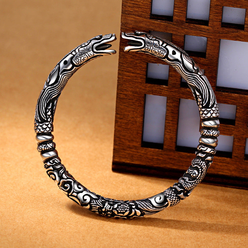 Vintage White Copper Silver Plated Double Dragon Head Bracelet