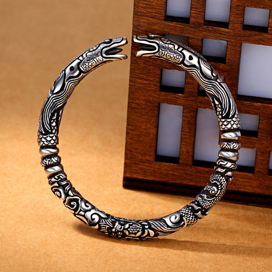 Vintage White Copper Silver Plated Double Dragon Head Bracelet