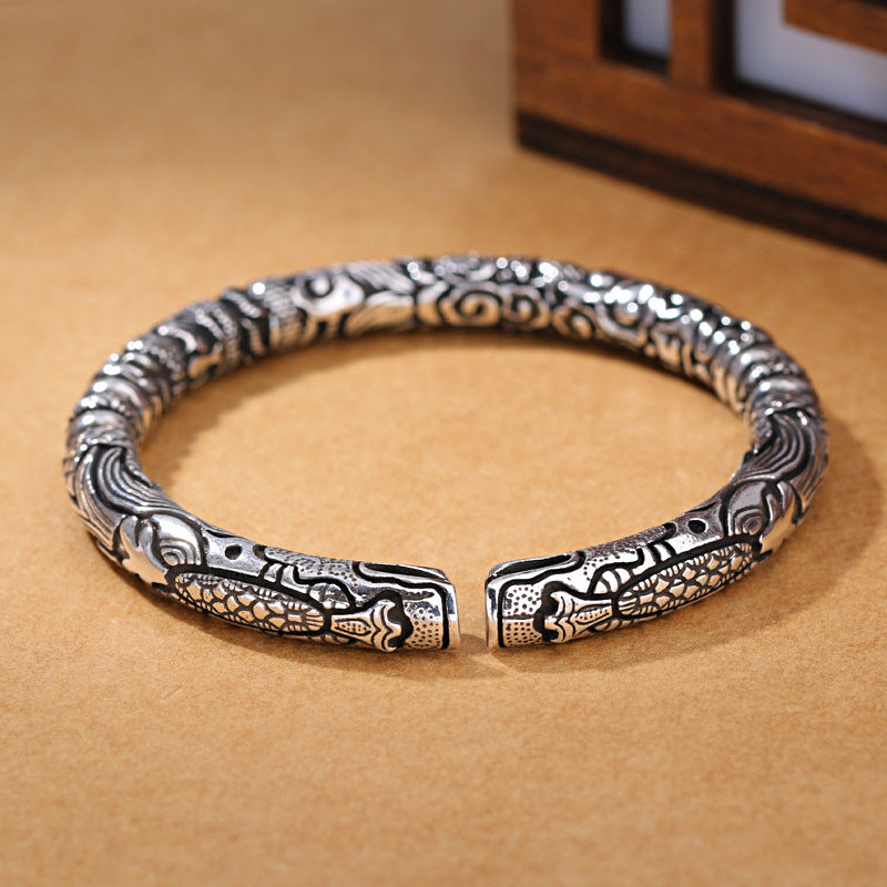 Vintage White Copper Silver Plated Double Dragon Head Bracelet