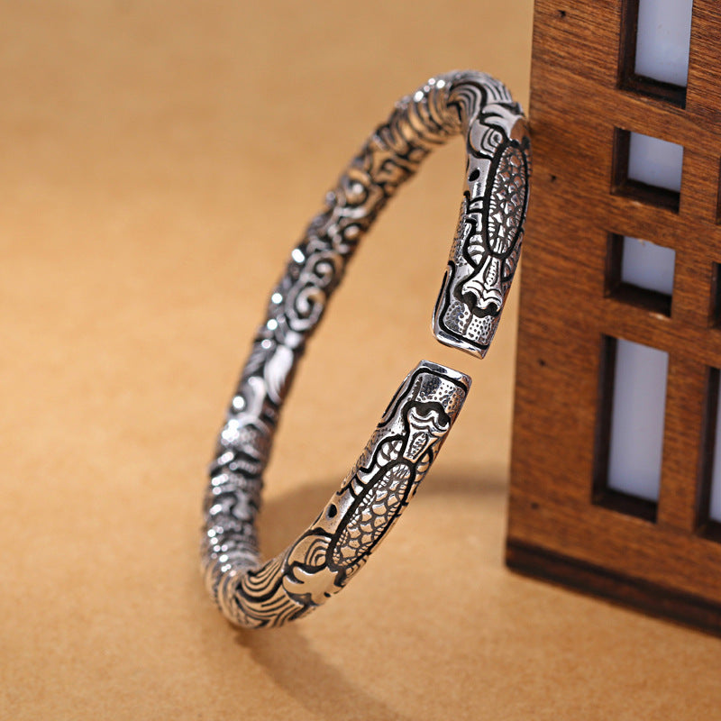 Vintage White Copper Silver Plated Double Dragon Head Bracelet