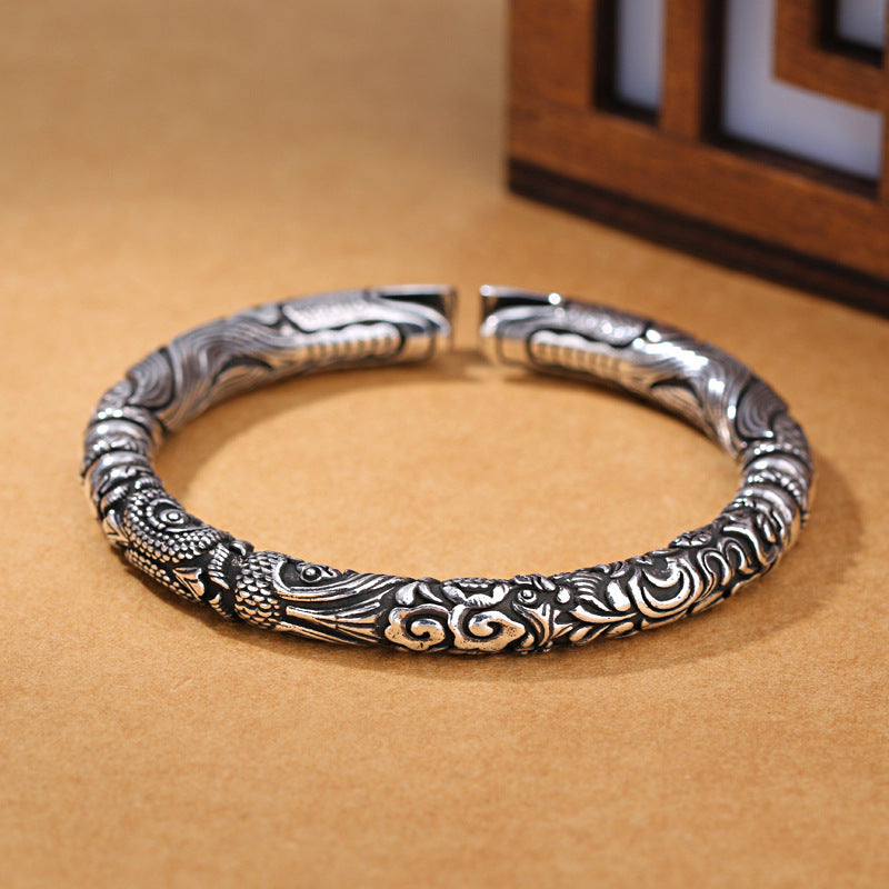 Vintage White Copper Silver Plated Double Dragon Head Bracelet