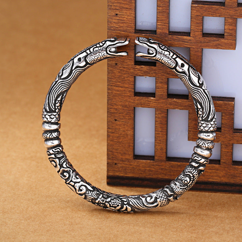Vintage White Copper Silver Plated Double Dragon Head Bracelet
